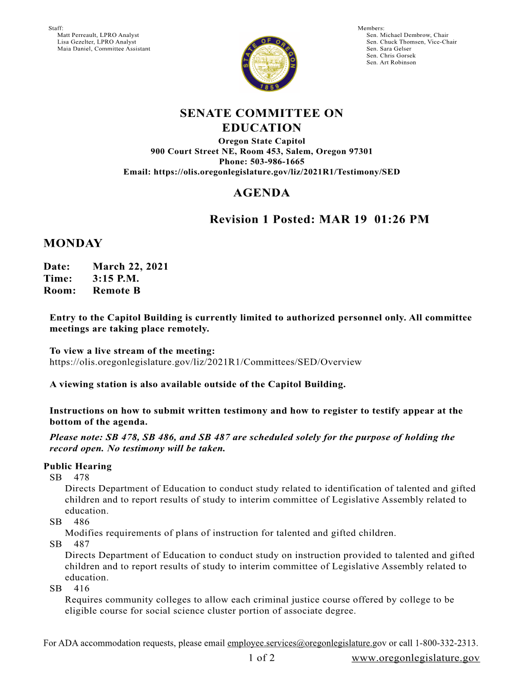 SENATE COMMITTEE on EDUCATION AGENDA Revision 1