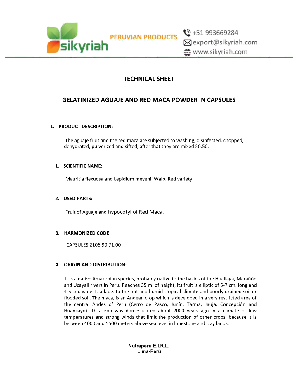 Technical Sheet Gelatinized Aguaje and Red Maca Powder in Capsules