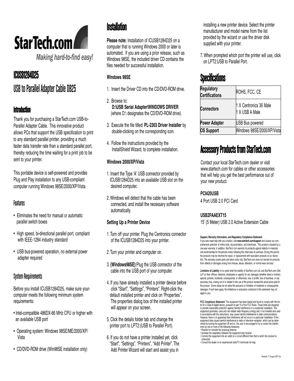 Installation Specifications ICUSB1284D25 USB to Parallel