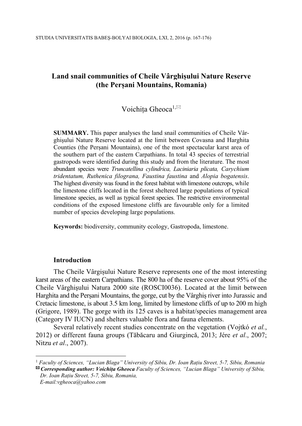 Land Snail Communities of Cheile Vârghișului Nature Reserve (The Perșani Mountains, Romania)