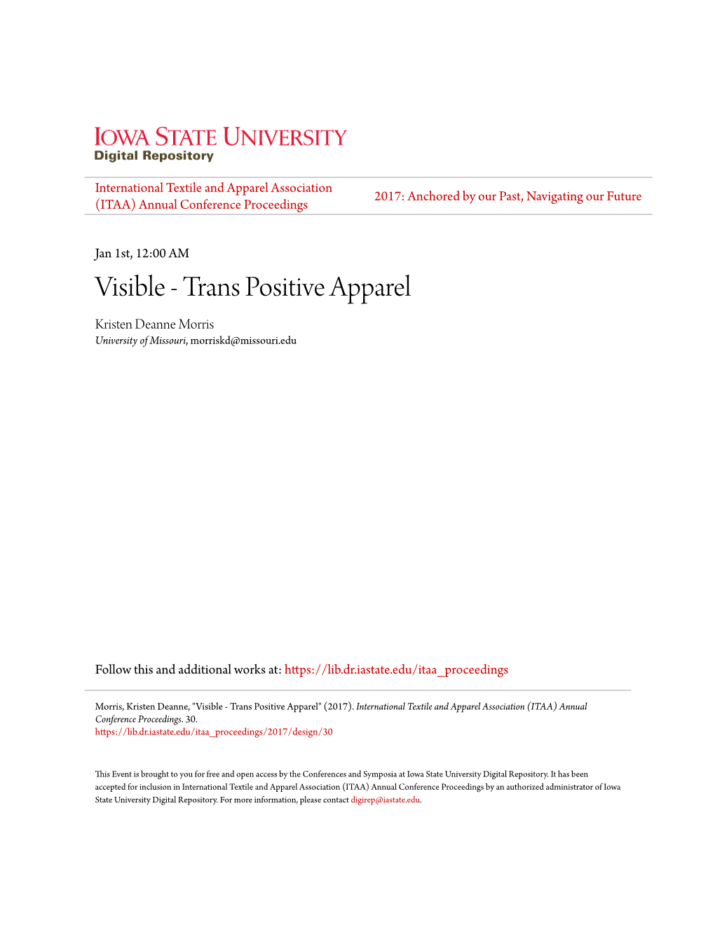 Trans Positive Apparel Kristen Deanne Morris University of Missouri, Morriskd@Missouri.Edu