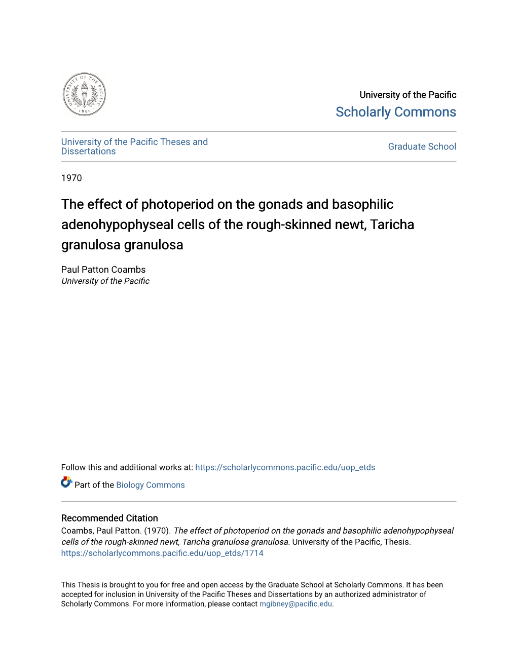 The Effect of Photoperiod on the Gonads and Basophilic Adenohypophyseal Cells of the Rough-Skinned Newt, Taricha Granulosa Granulosa