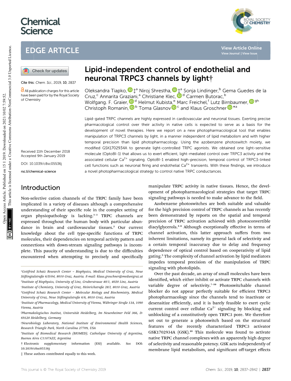 Lipid-Independent Control of Endothelial and Neuronal TRPC3 Channels by Light† Cite This: Chem