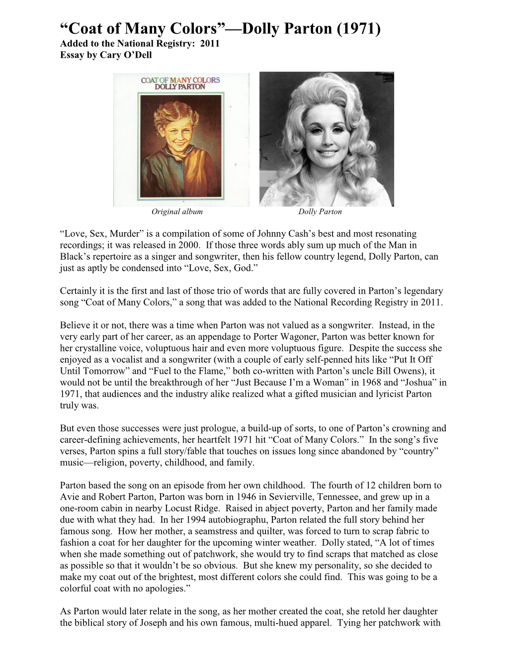 “Coat of Many Colors”—Dolly Parton (1971) Added to the National Registry: 2011 Essay by Cary O’Dell