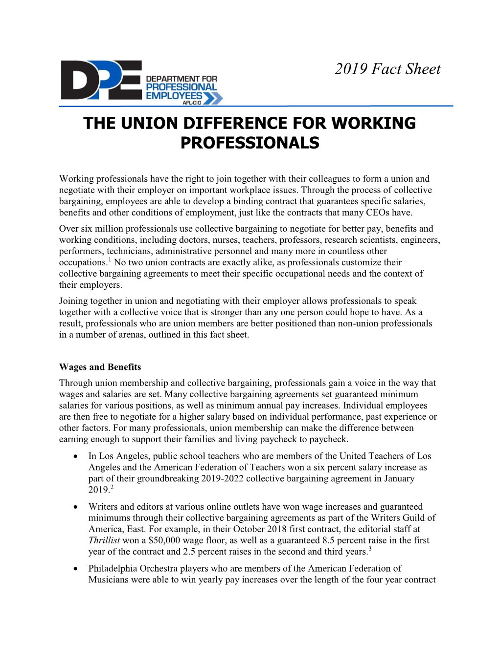 2019 Fact Sheet the UNION DIFFERENCE for WORKING