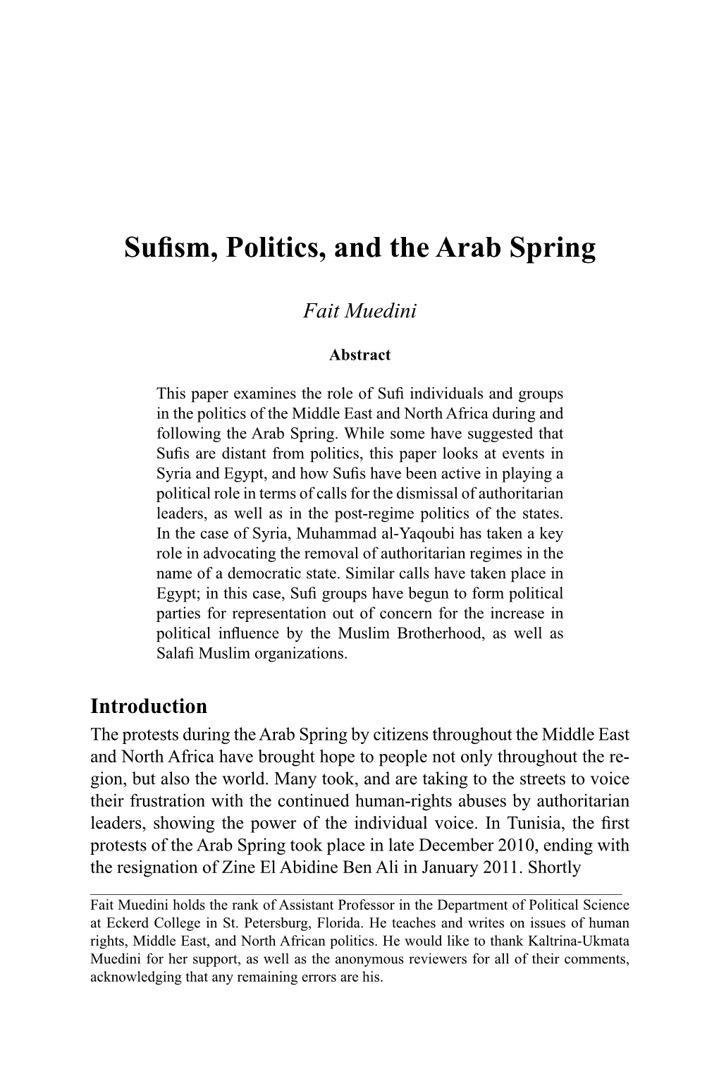 Sufism, Politics, and the Arab Spring