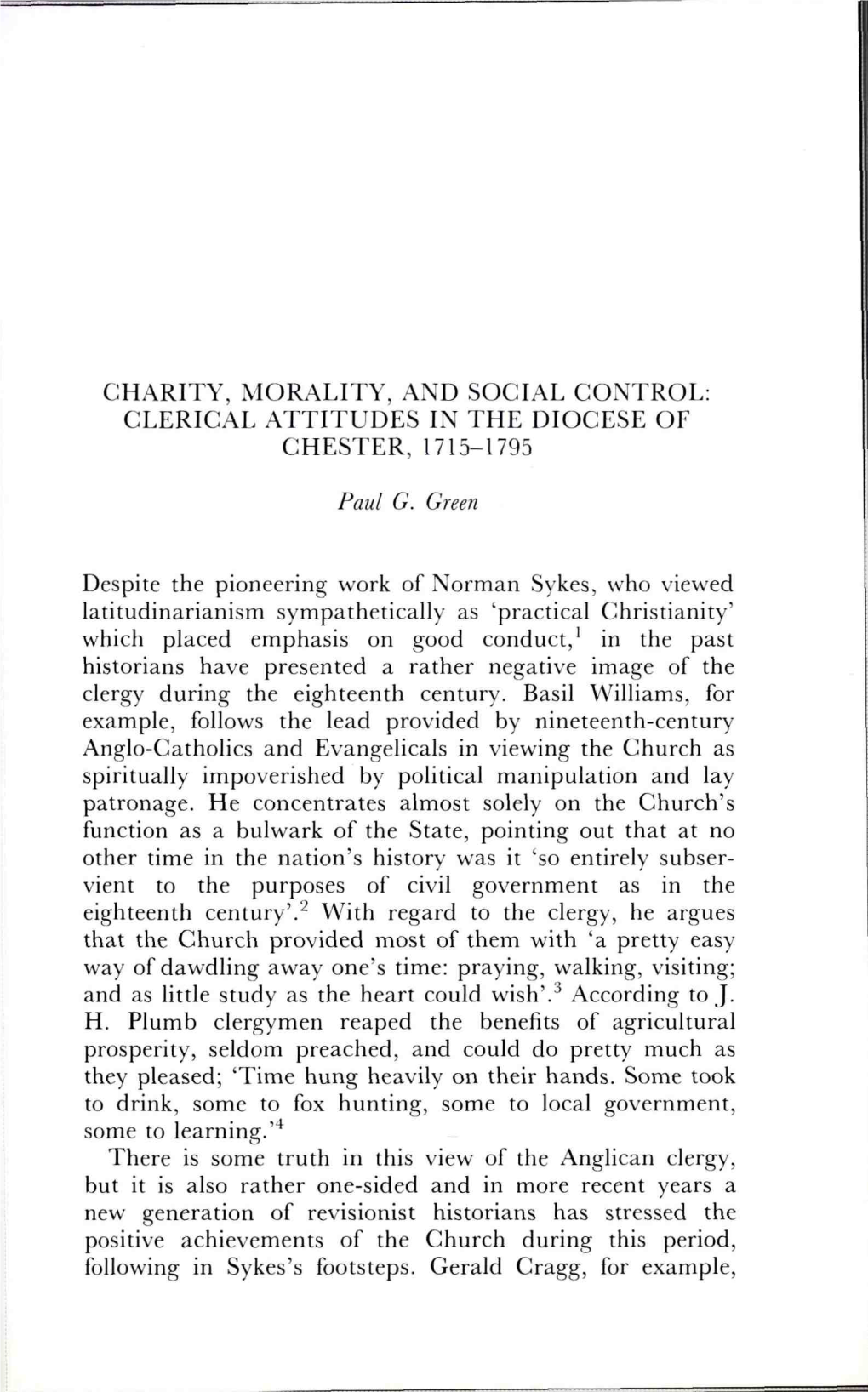 Charity, Morality, and Social Control: Clerical Attitudes in the Diocese of Chester, 1715-1795