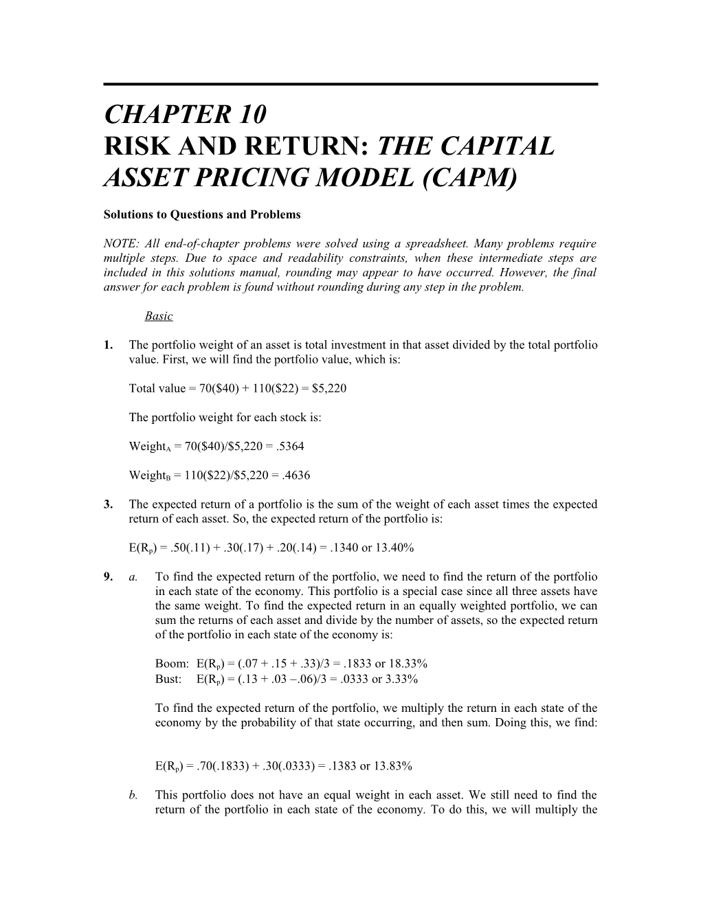 Risk and Return: the Capital Asset Pricing Model (Capm)