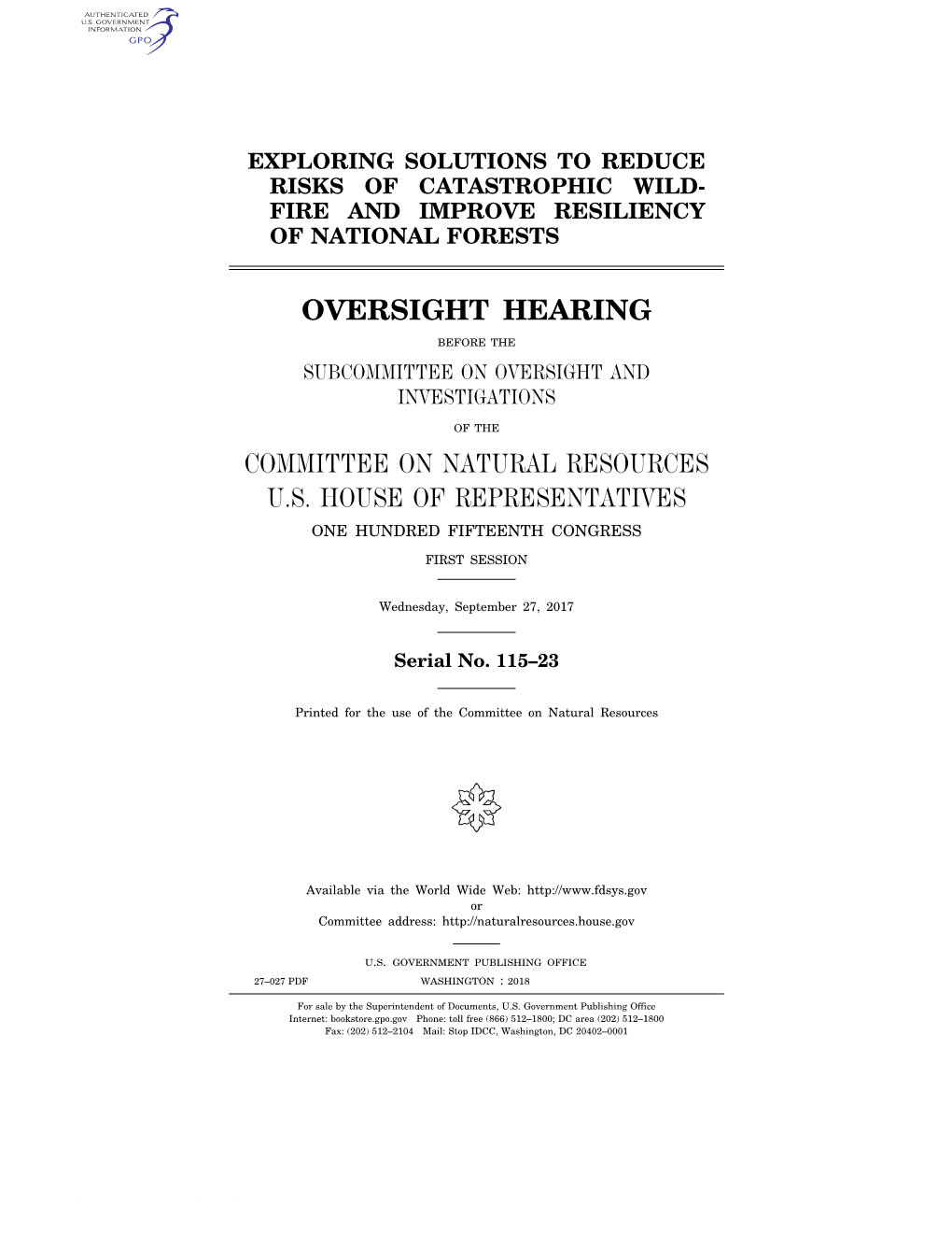 Oversight Hearing Committee on Natural Resources U.S