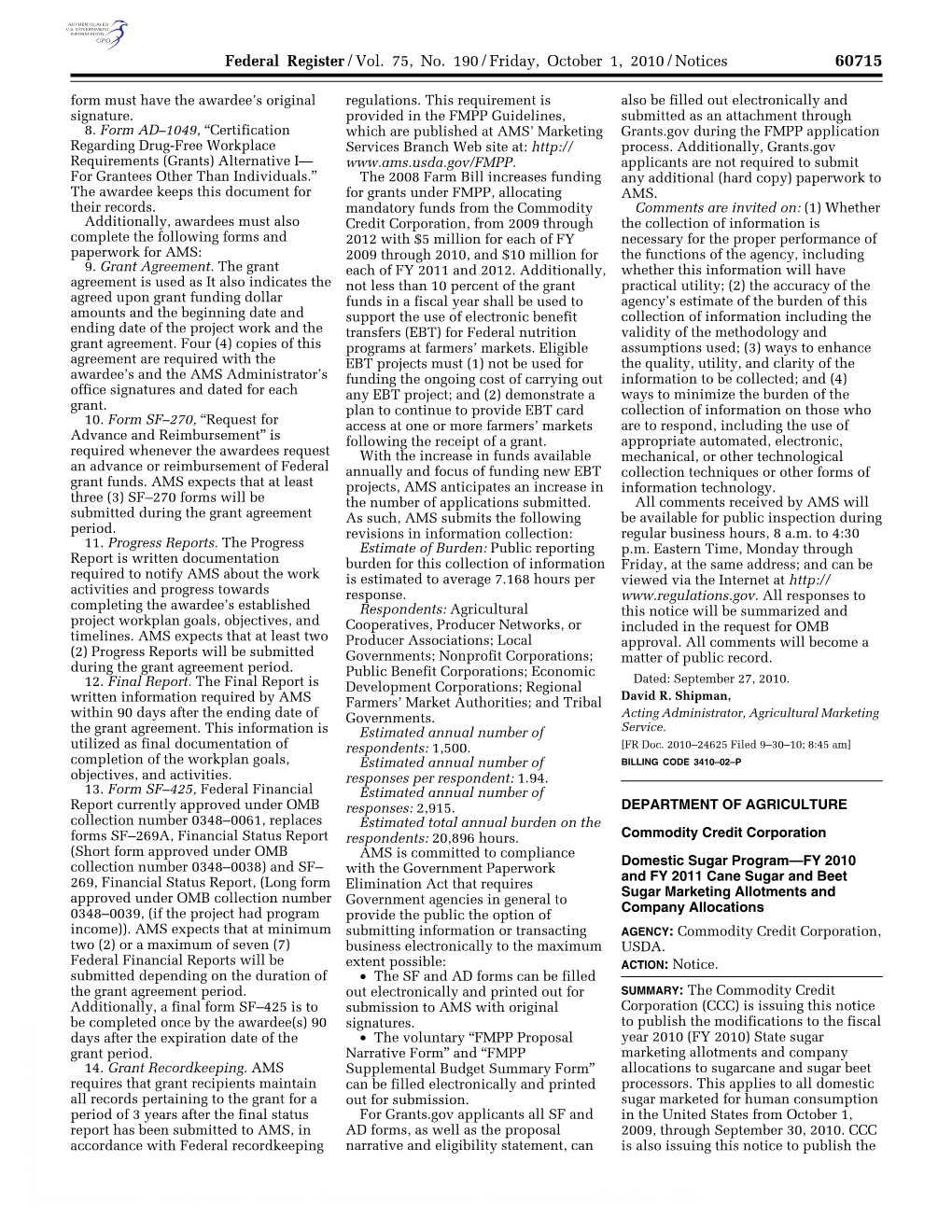 Federal Register/Vol. 75, No. 190/Friday, October 1, 2010/Notices