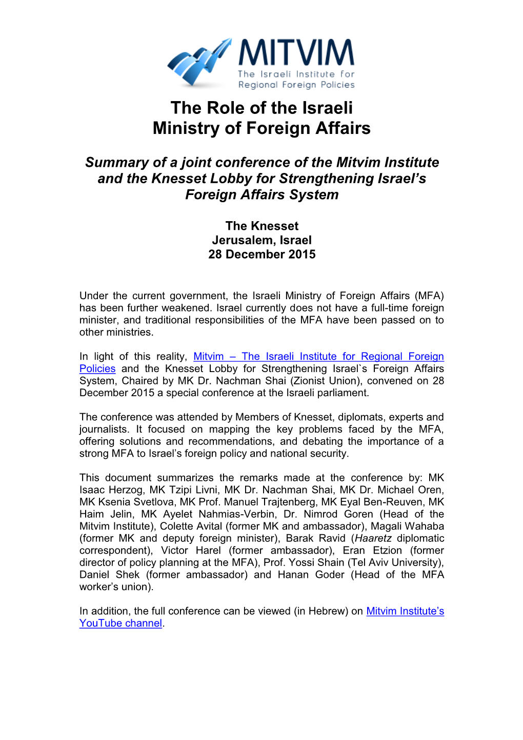 The Role of the Israeli Ministry of Foreign Affairs