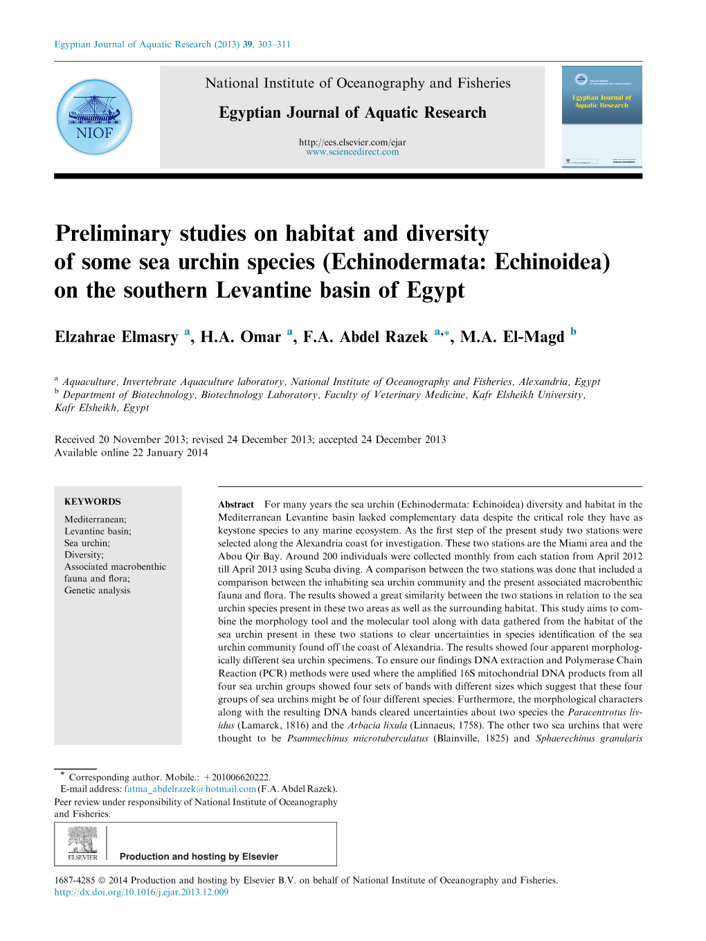 Preliminary Studies on Habitat and Diversity of Some Sea Urchin Species (Echinodermata: Echinoidea) on the Southern Levantine Basin of Egypt