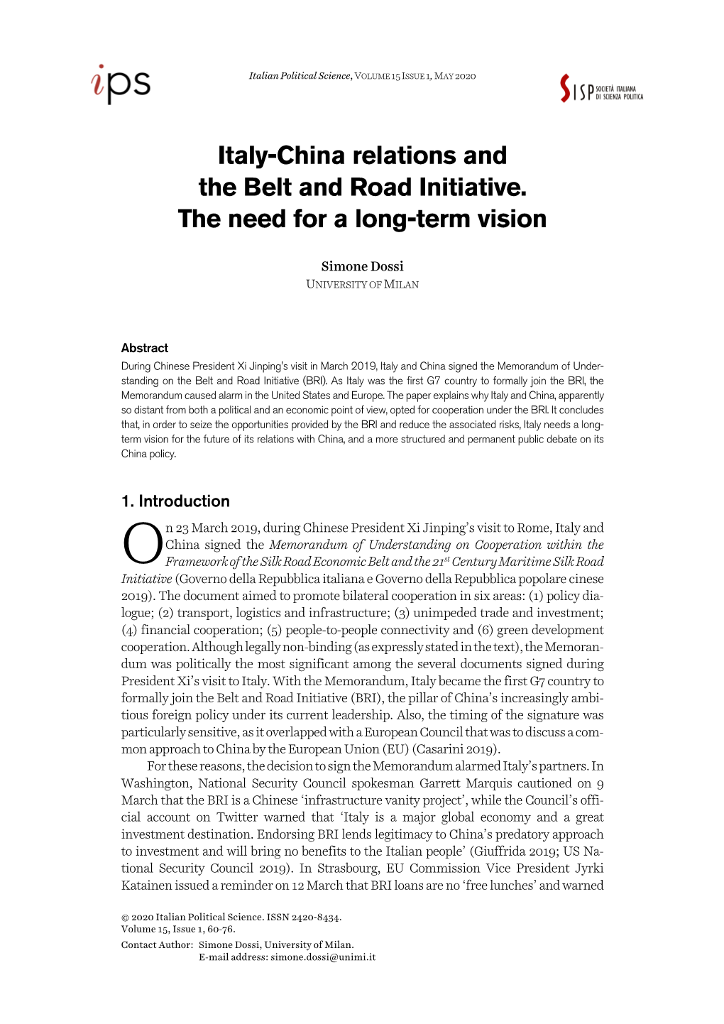 Italy-China Relations and the Belt and Road Initiative. the Need for a Long-Term Vision