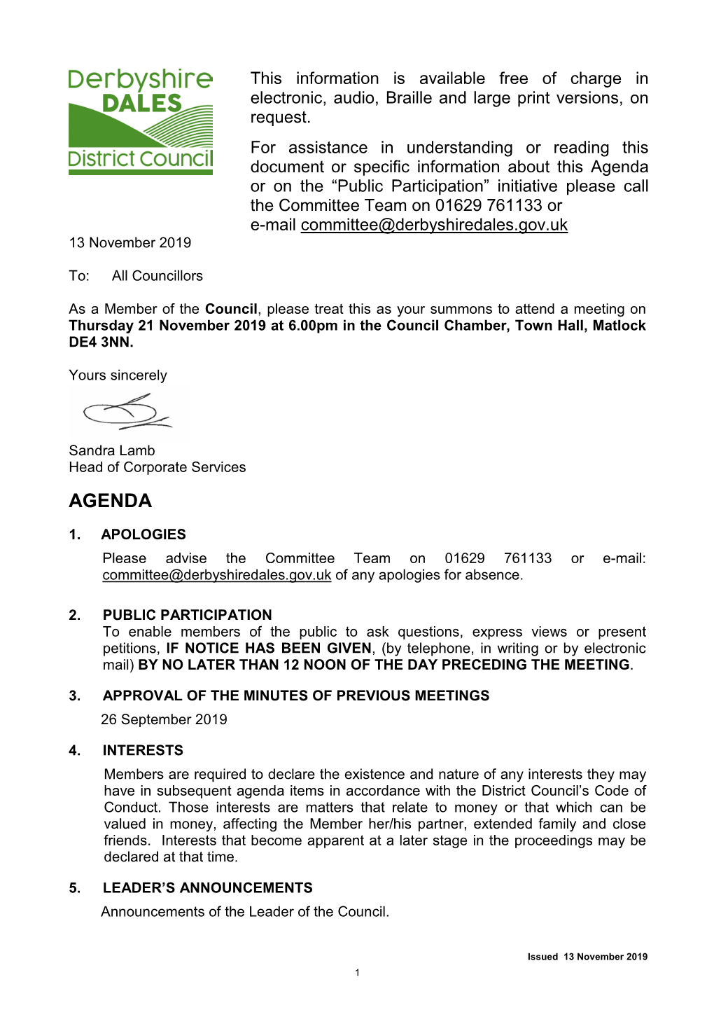 Agenda Or on the “Public Participation” Initiative Please Call the Committee Team on 01629 761133 Or E-Mail Committee@Derbyshiredales.Gov.Uk 13 November 2019