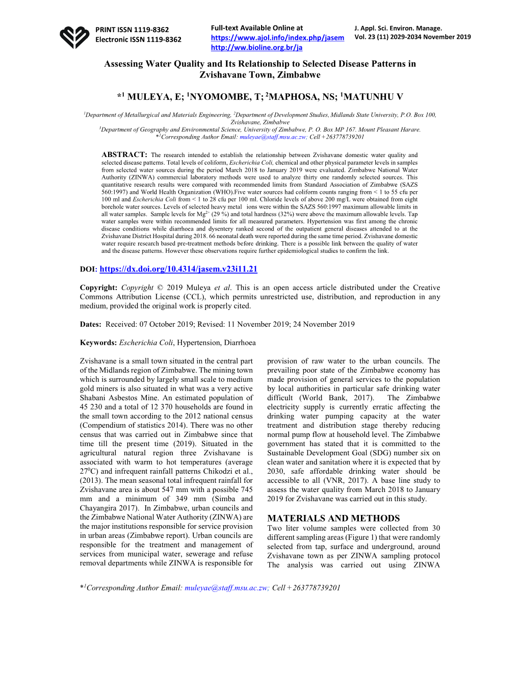 Assessing Water Quality and Its Relationship to Selected Disease Patterns in Zvishavane Town, Zimbabwe