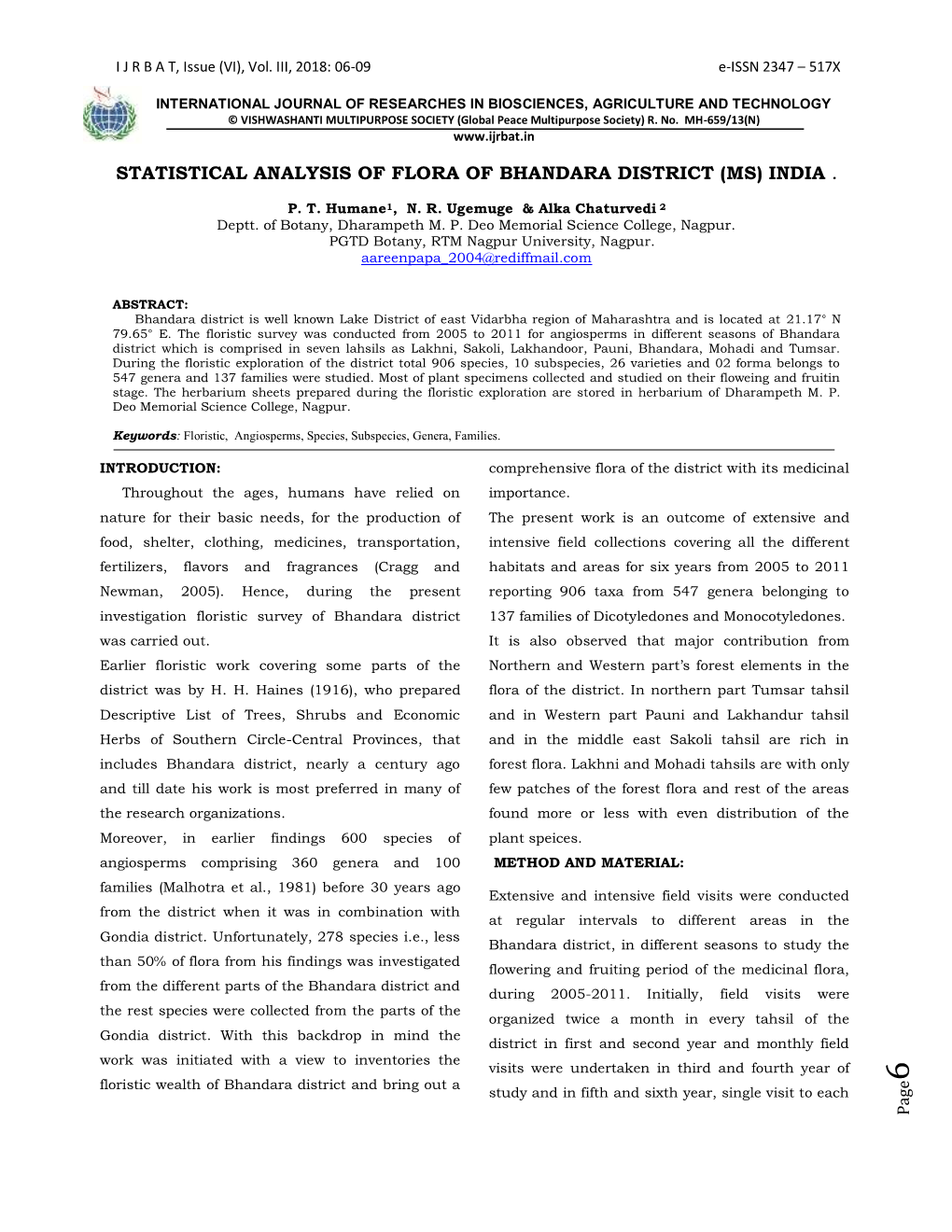 Statistical Analysis of Flora of Bhandara District (Ms) India