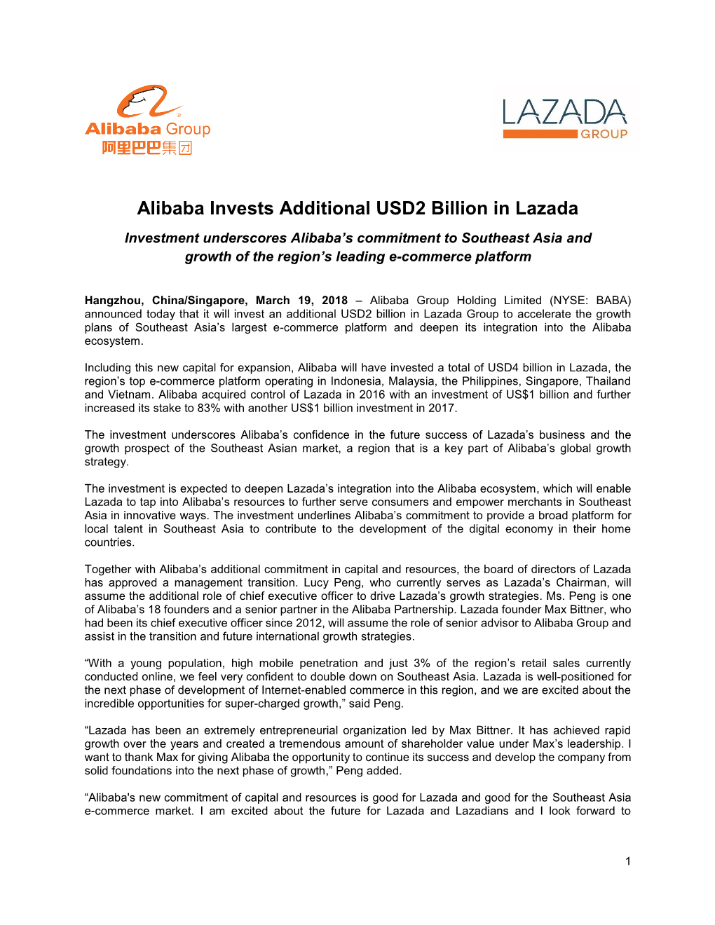 Alibaba Invests Additional USD2 Billion in Lazada