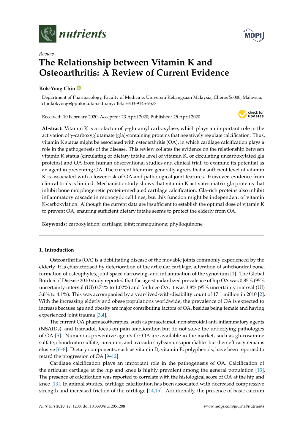 The Relationship Between Vitamin K and Osteoarthritis: a Review of Current Evidence