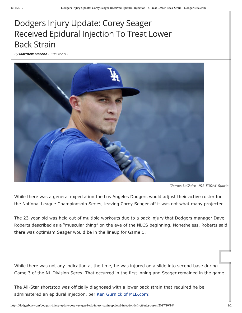 Dodgers Injury Update: Corey Seager Received Epidural Injection to Treat Lower Back Strain - Dodgerblue.Com