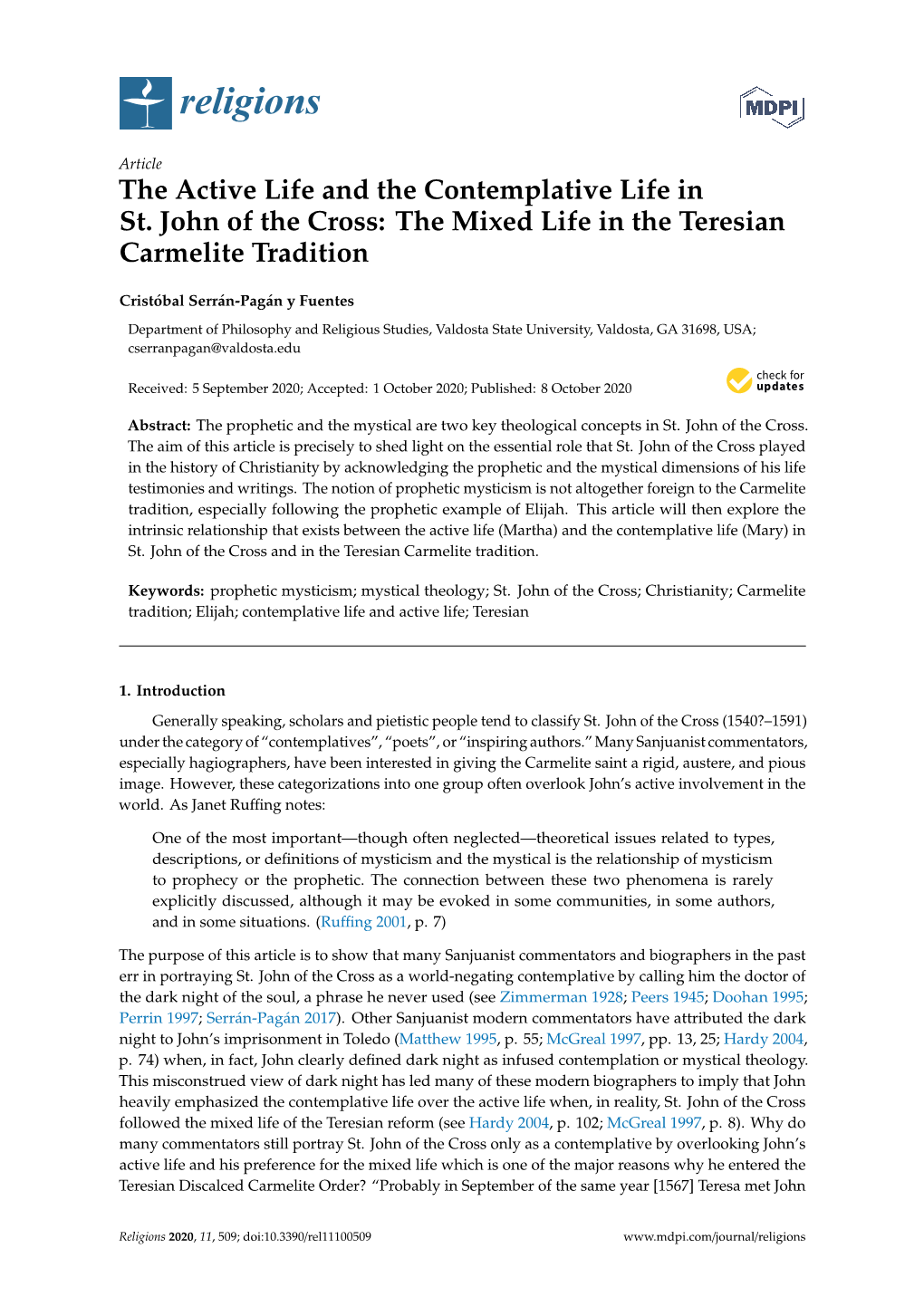 The Active Life and the Contemplative Life in St. John of the Cross: the Mixed Life in the Teresian Carmelite Tradition