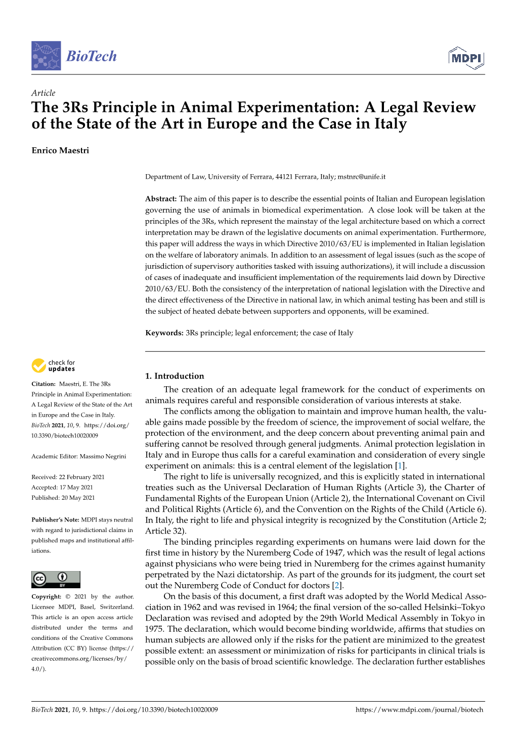 The 3Rs Principle in Animal Experimentation: a Legal Review of the State of the Art in Europe and the Case in Italy