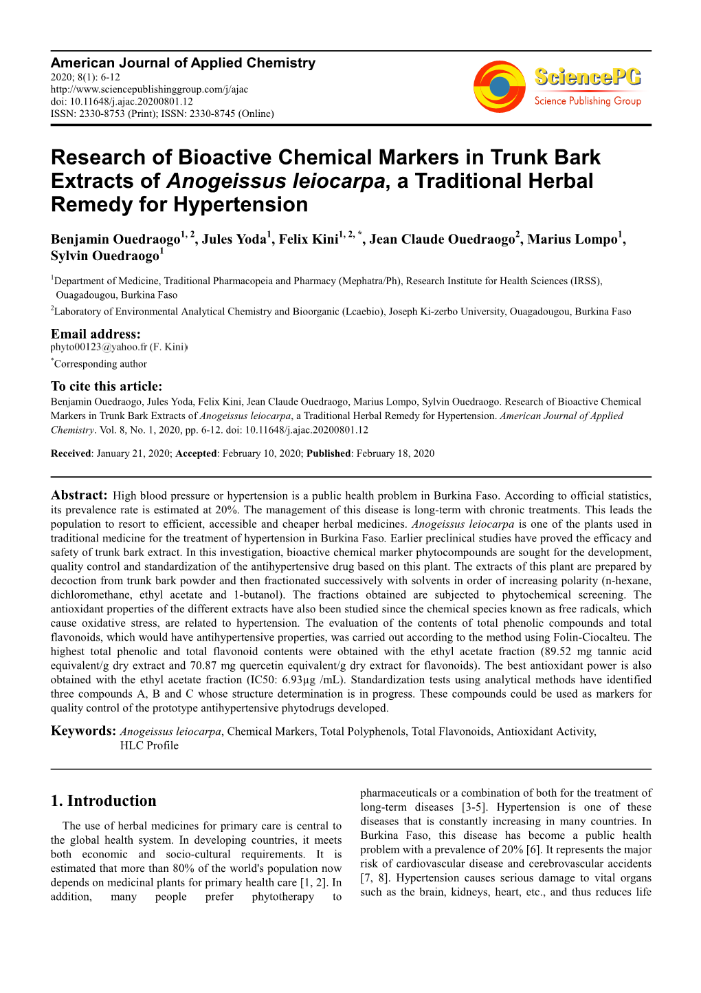 Research of Bioactive Chemical Markers in Trunk Bark Extracts of Anogeissus Leiocarpa , a Traditional Herbal Remedy for Hypertension