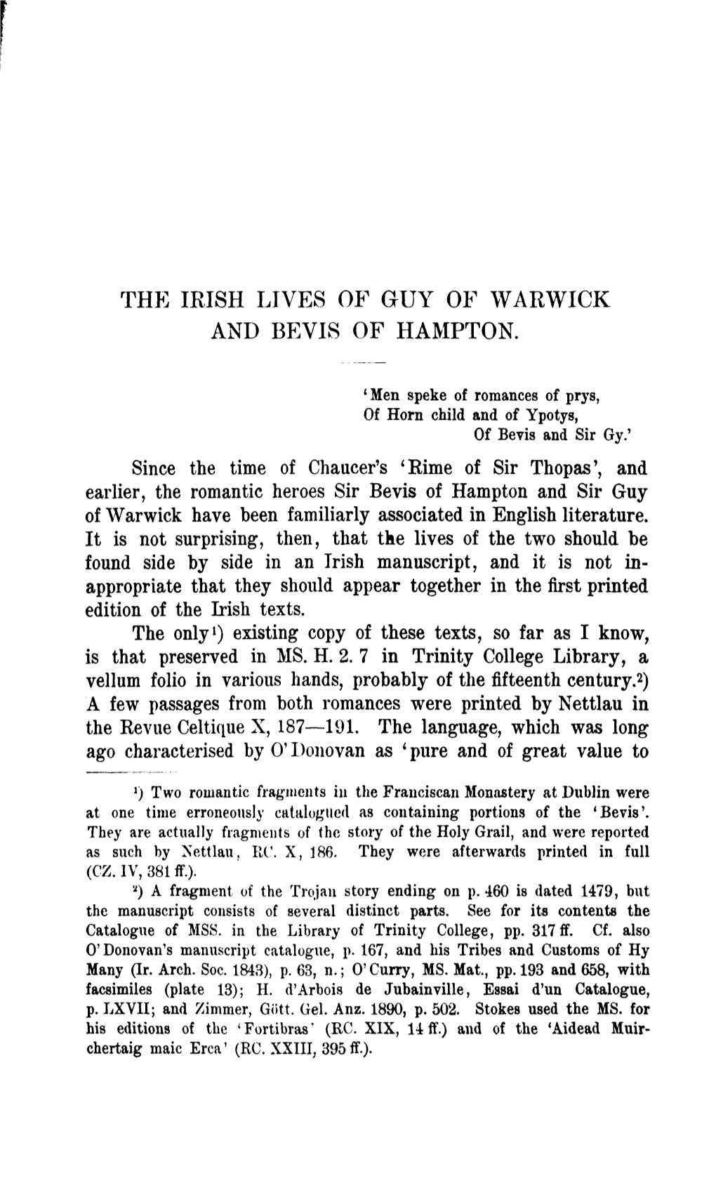 The Irish Lives of Guy of Warwick and Bevis of Hampton