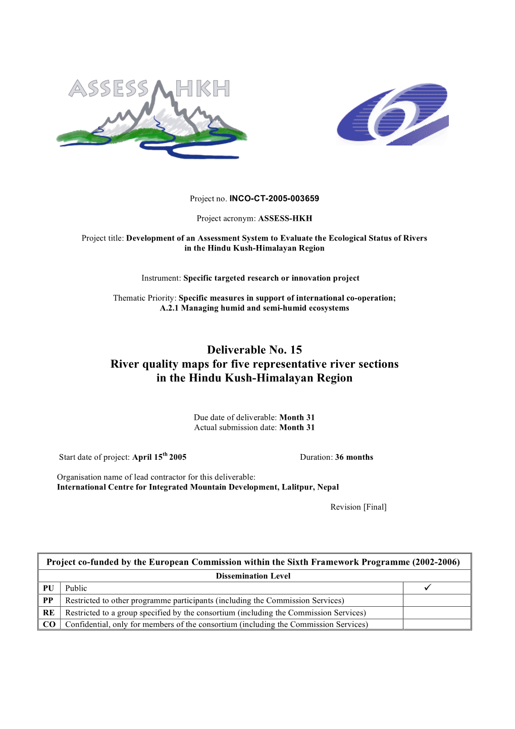 Deliverable No. 15 River Quality Maps for Five Representative River Sections in the Hindu Kush-Himalayan Region