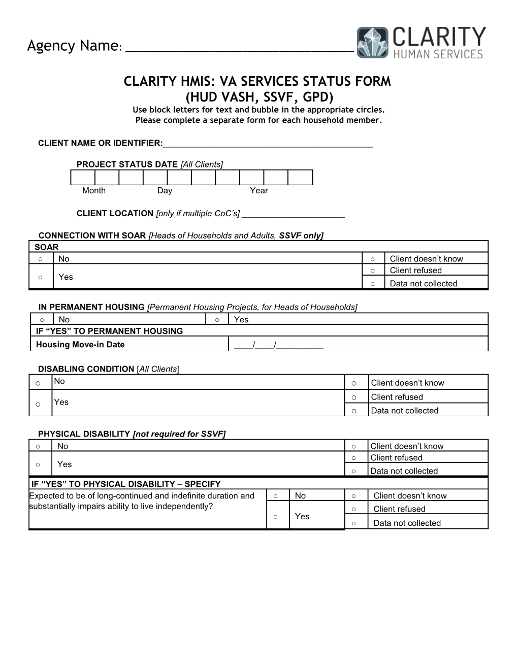 Clarity Hmis: Va Services Status Form