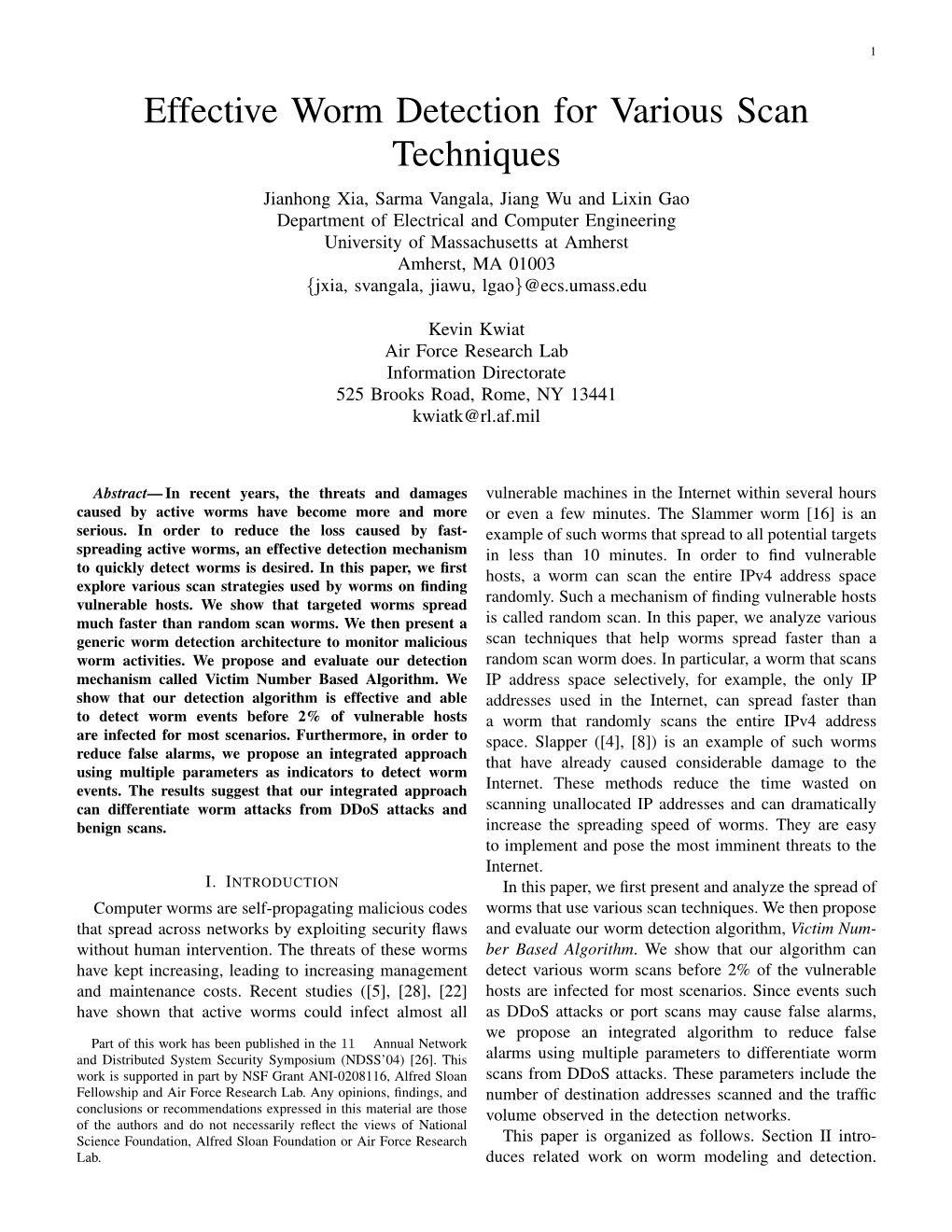 Effective Worm Detection for Various Scan Techniques