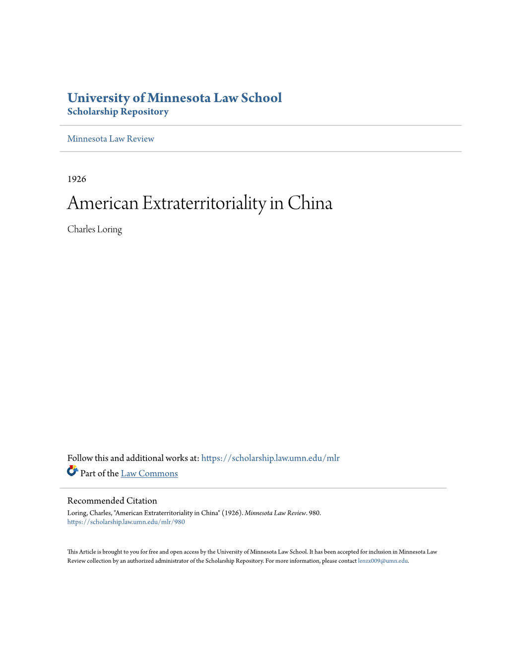 American Extraterritoriality in China Charles Loring