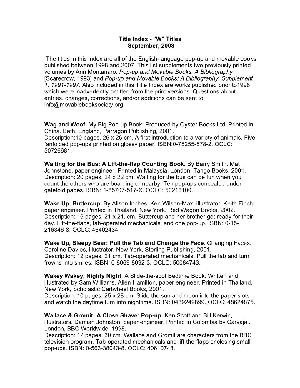 Title Index - "W" Titles September, 2008