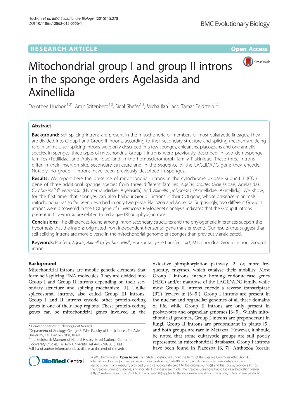 Mitochondrial Group I and Group II Introns in the Sponge Orders