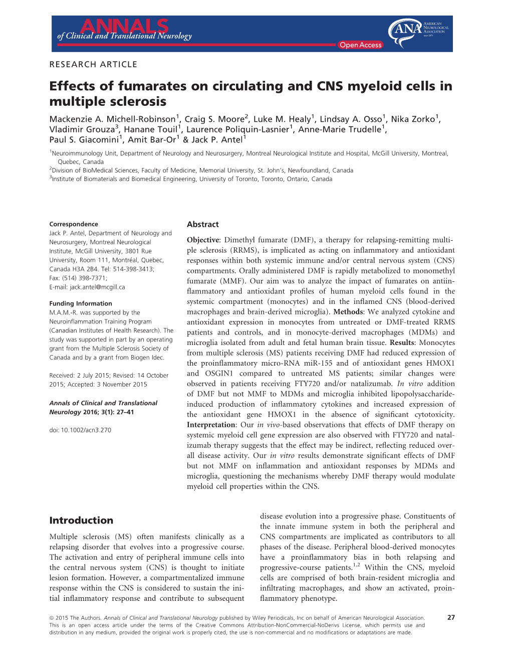 Effects of Fumarates on Circulating and CNS Myeloid Cells in Multiple Sclerosis Mackenzie A