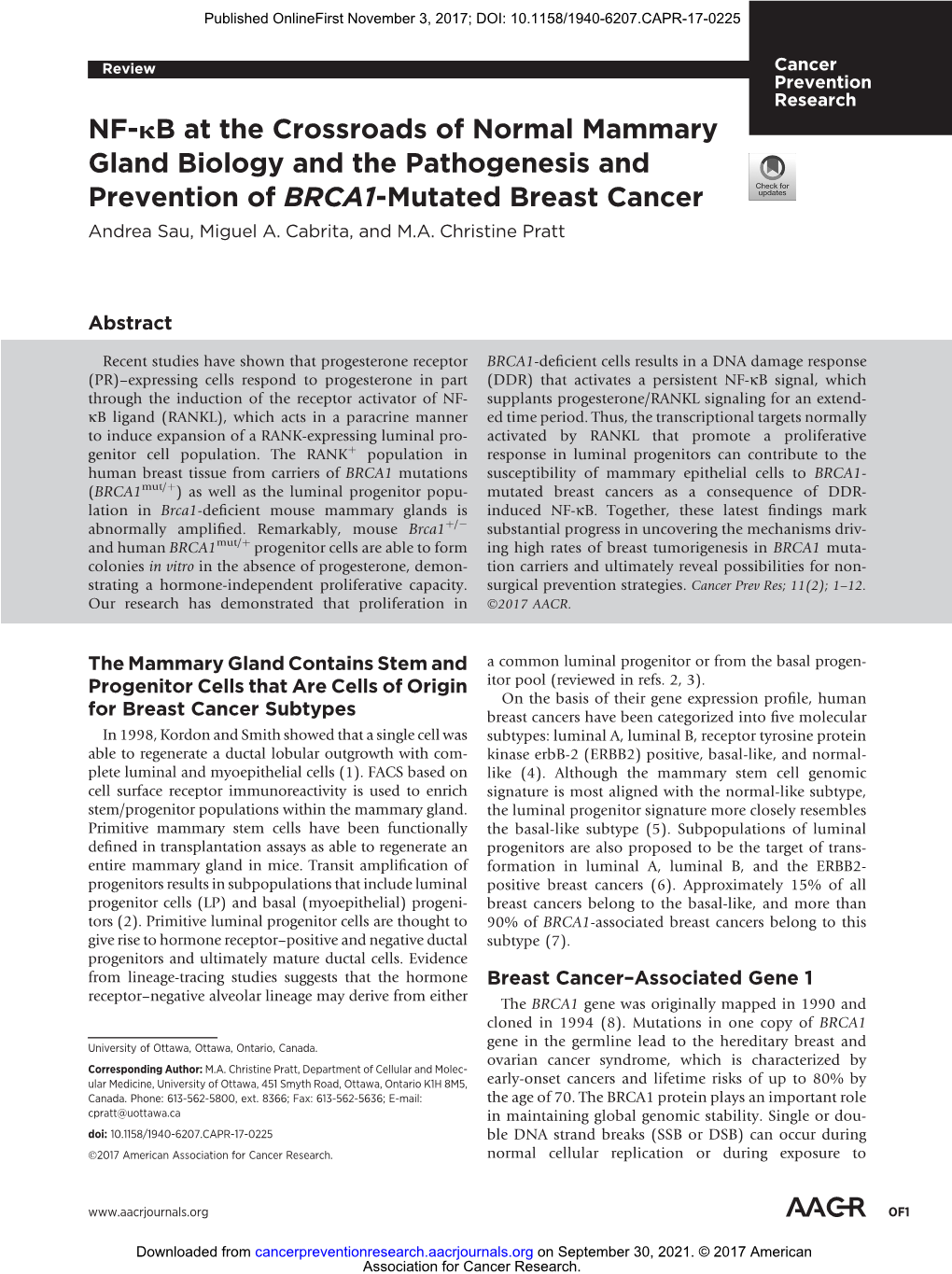 NF-Κb at the Crossroads of Normal Mammary Gland Biology and the Pathogenesis and Prevention of BRCA1-Mutated Breast Cancer