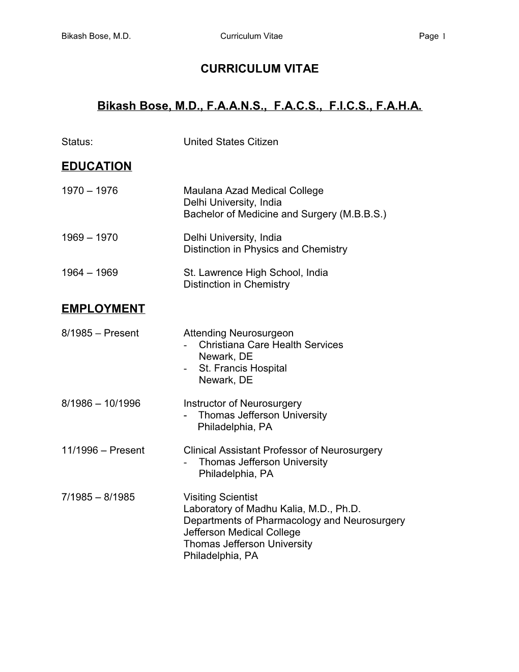 Bikash Bose, M.D. Curriculum Vitae Page 1