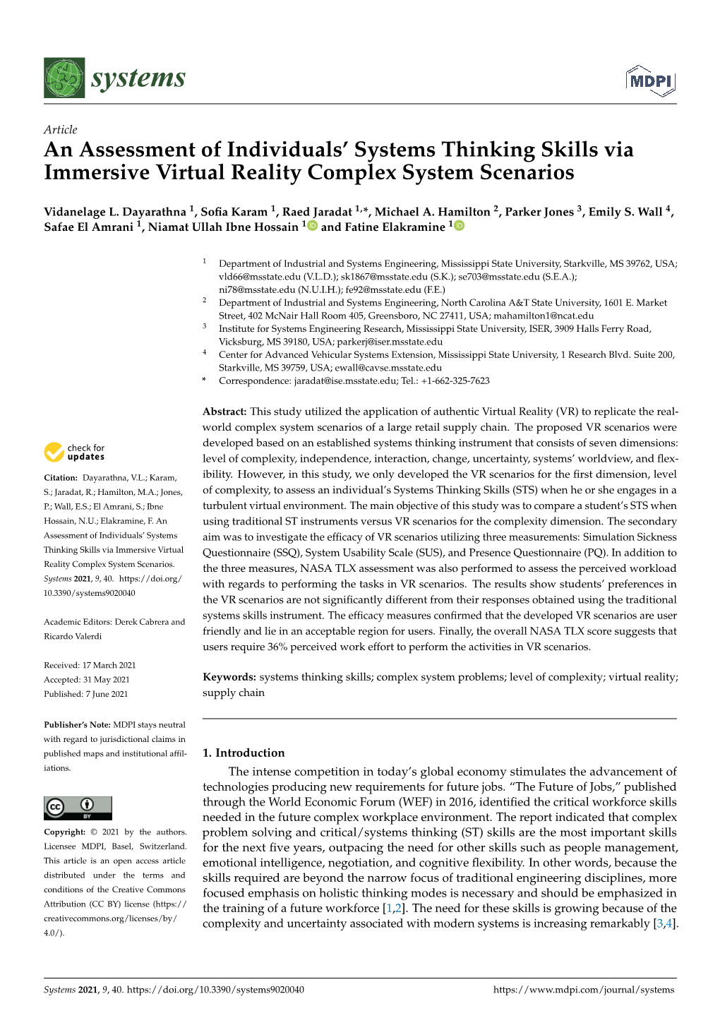 An Assessment of Individuals' Systems Thinking Skills Via