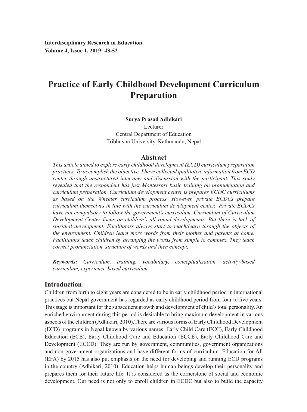 Practice of Early Childhood Development Curriculum Preparation