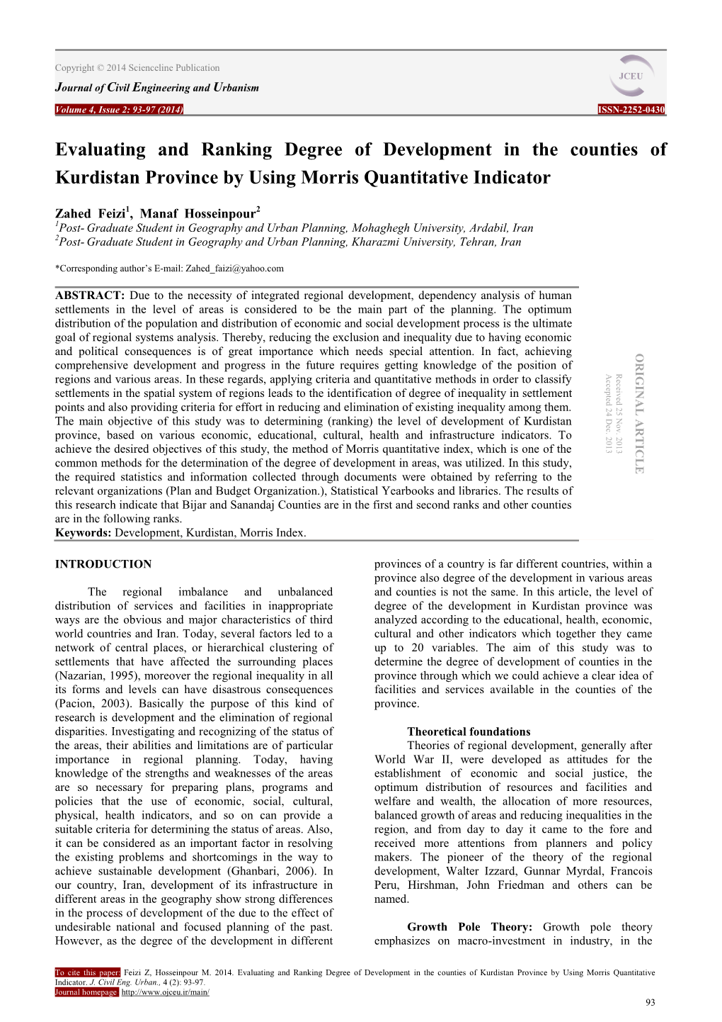 Evaluating and Ranking Degree of Development in the Counties of Kurdistan Province by Using Morris Quantitative Indicator