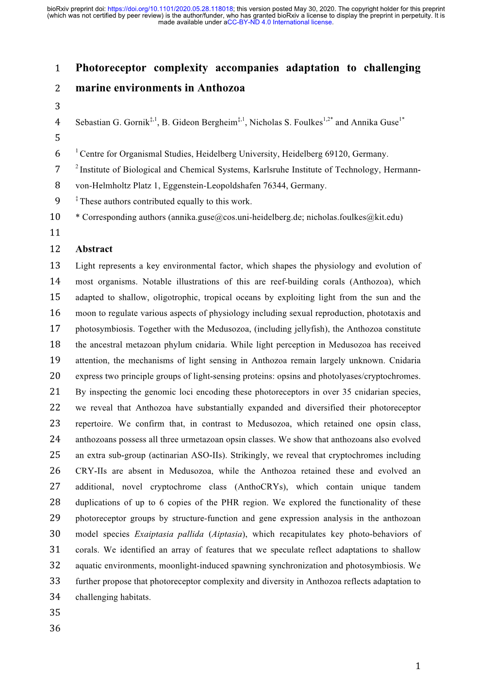 Photoreceptor Complexity Accompanies Adaptation to Challenging 2 Marine Environments in Anthozoa 3 4 Sebastian G