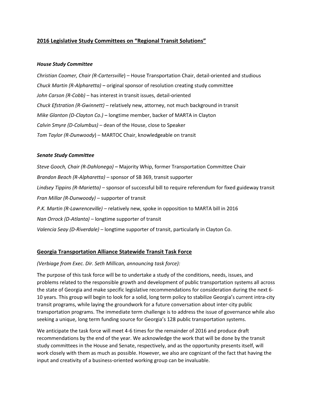 2016 Legislative Study Committees on “Regional Transit Solutions”