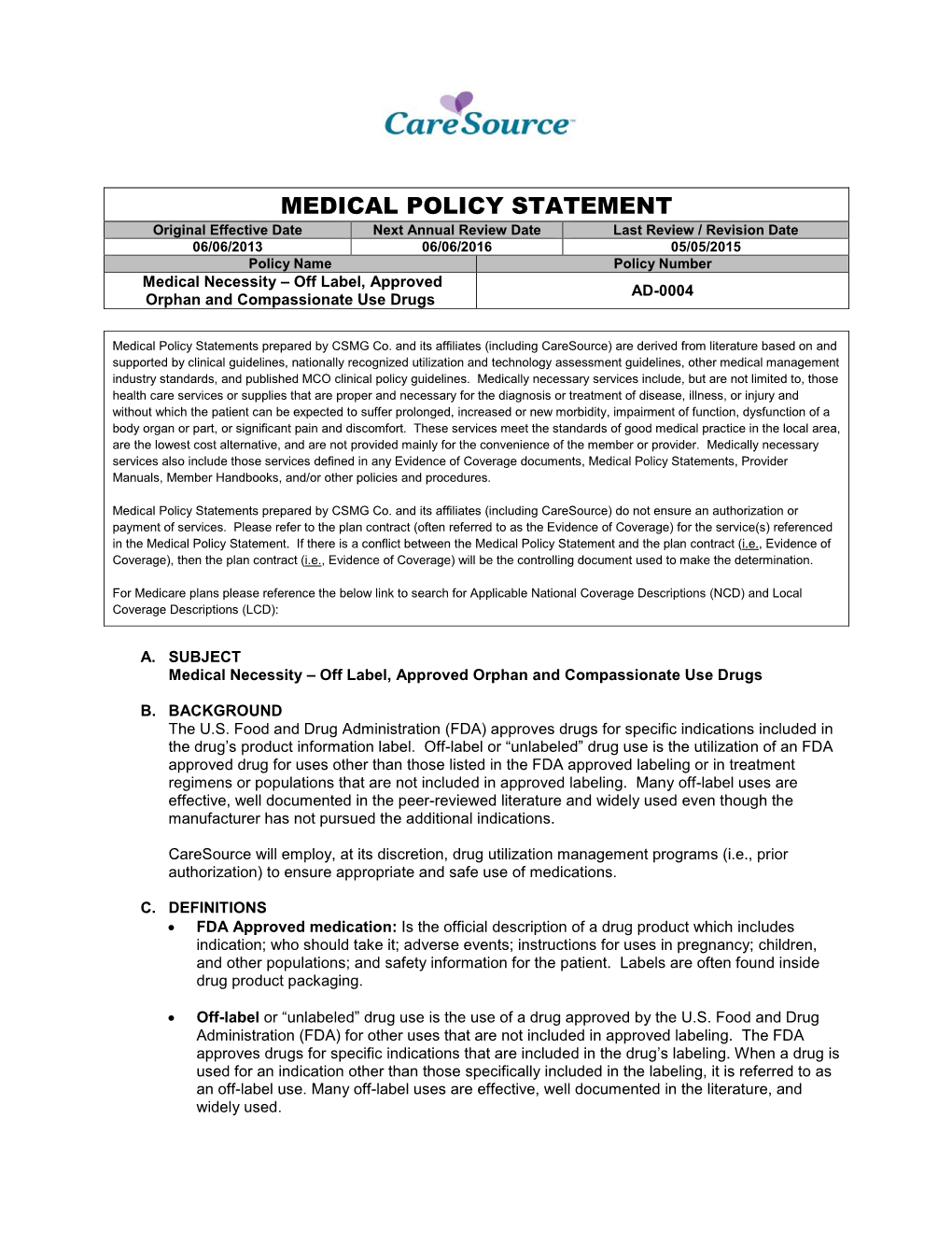 Off-Label and Excluded Indications ADMIN Policy