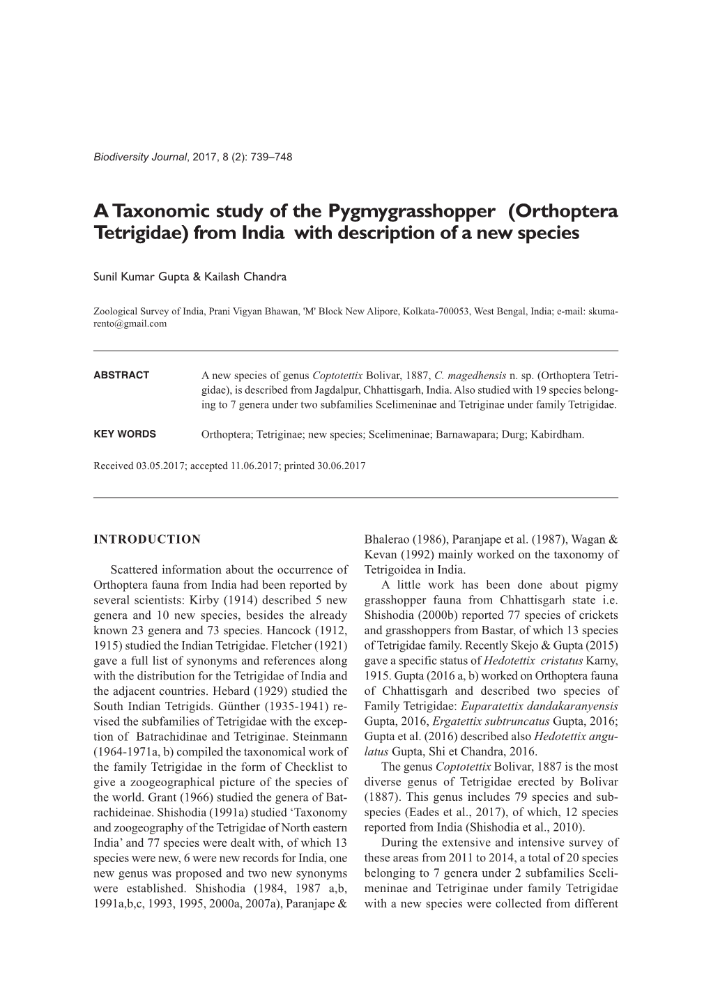 Orthoptera Tetrigidae) from India with Description of a New Species