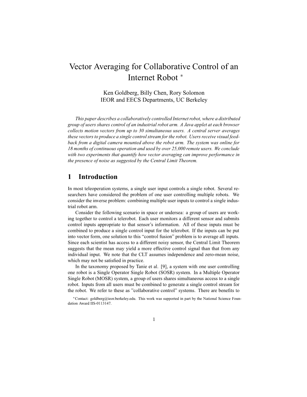 Vector Averaging for Collaborative Control of an Internet Robot ∗