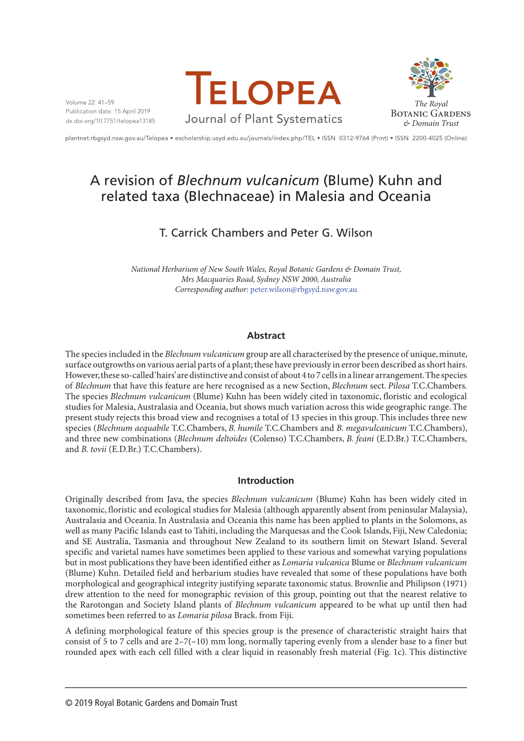 Blechnum Vulcanicum (Blume) Kuhn and Related Taxa (Blechnaceae) in Malesia and Oceania