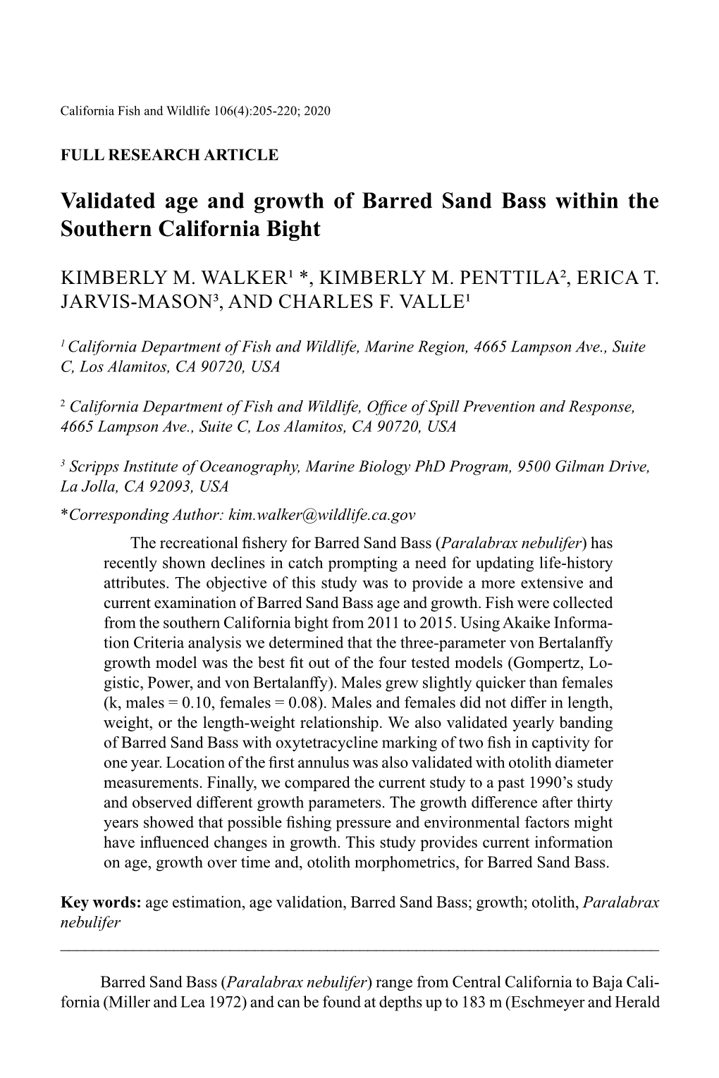 Validated Age and Growth of Barred Sand Bass Within the Southern California Bight