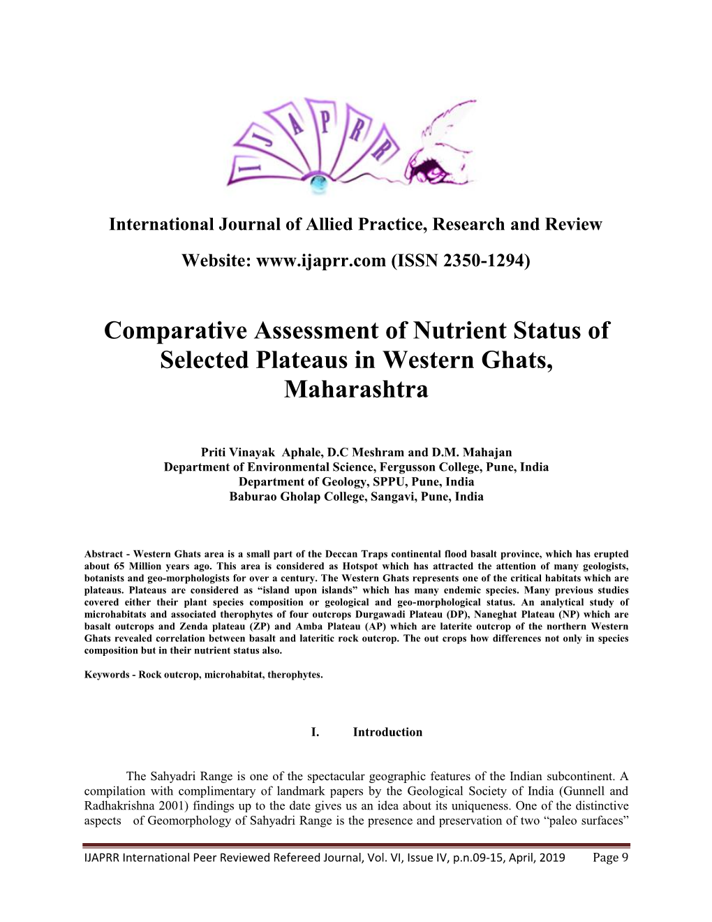 Comparative Assessment of Nutrient Status of Selected Plateaus in Western Ghats, Maharashtra