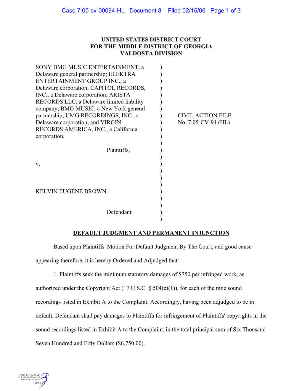 United States District Court for the Middle District of Georgia Valdosta Division