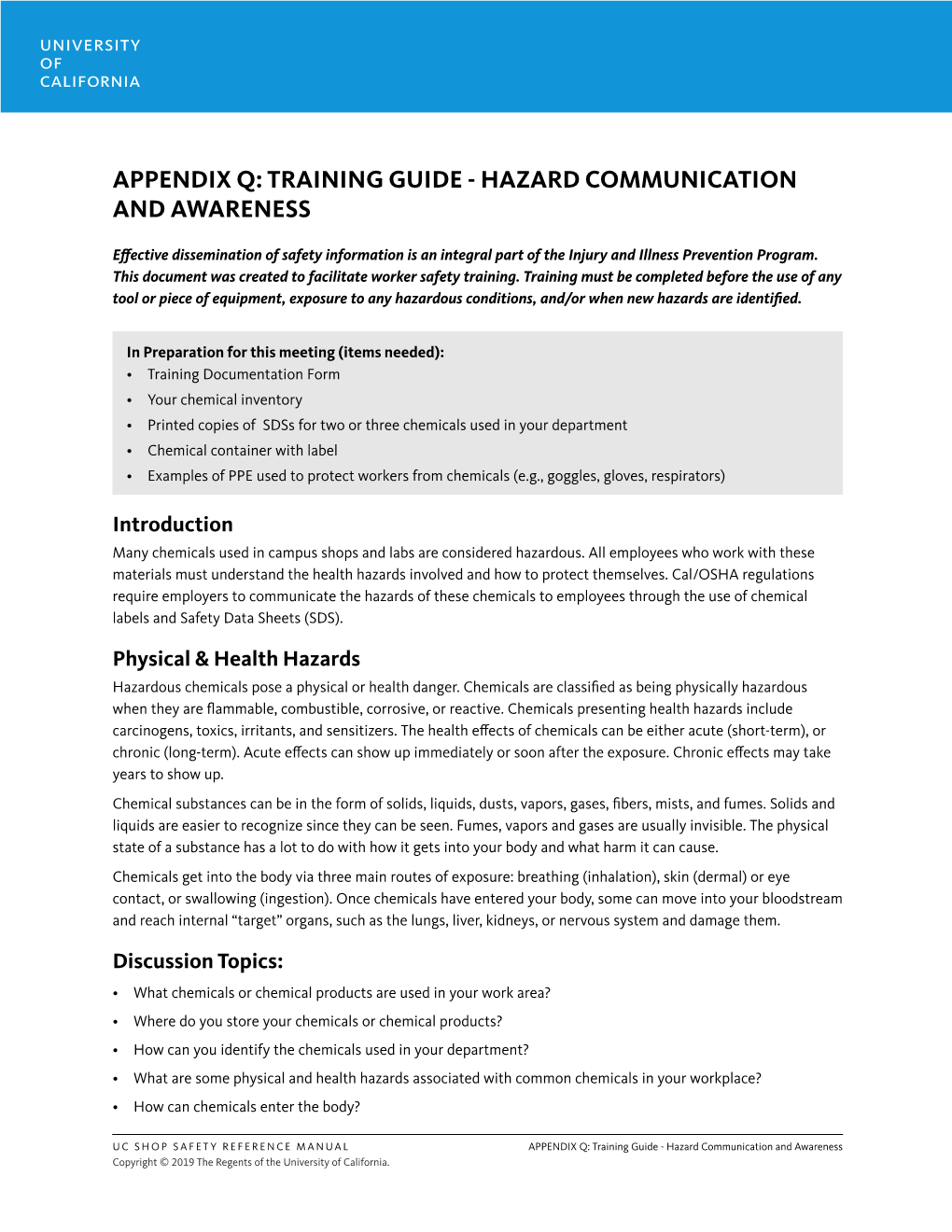 Appendix Q: Training Guide - Hazard Communication and Awareness