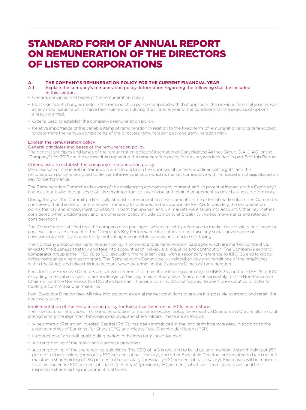 Standard Form of Annual Report on Remuneration of the Directors of Listed Corporations